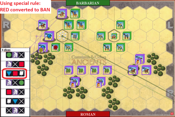 04. A very nuanced play - one dice changed to flag to push Medium Infantry away.