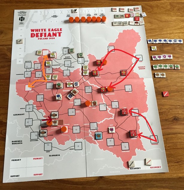 Turn 5-6: VPs at 5. Soviets enter Eastern Poland. Polish counter-offensive in the North (Poznan and Danzig taken). Katowice finally falls.