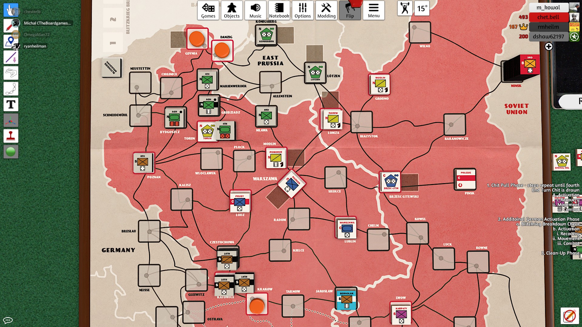 End of Turn 4 - things changed a bit as I re-took Grodno. 4 VPs for Germans and the game still very much undecided...