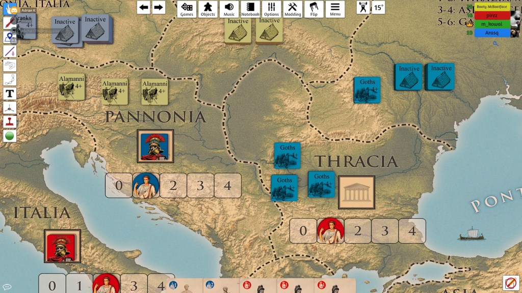 Marek (blue) and Piotr (red) were constantly harassed by barbarians but our newbie quickly took Rome!