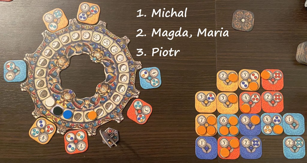 That was probably the luck of the newbie. In my first game (playing with orange) I managed to grab victory in the last move, beating Magda and Maria by 1 point.