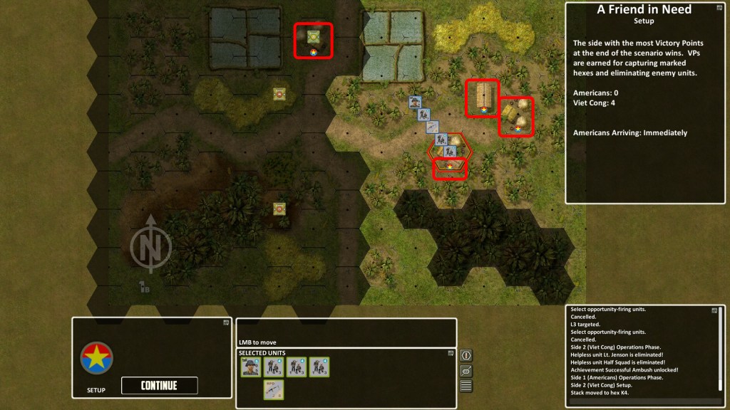 Interesting scenario in which side controlling more VPs at the end of the game wins. I am setting up to the East, covering three critical points in the process.