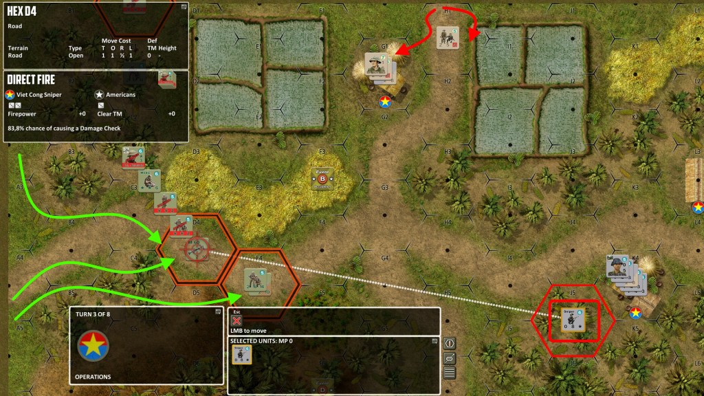 A lot of things happened in first 3 turns. I received reinforcements (yupi!) but US troops also amassed a lot of forces and started to charge - unfortunately for them, via open terrain...