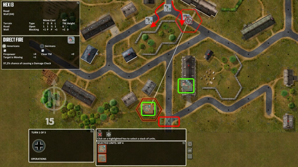 In my first attempt I played as Americans, trying to prevent Germans from getting to EXIT hex. My minimal forces were occupying two buildings, waiting for enemy approaching from North.