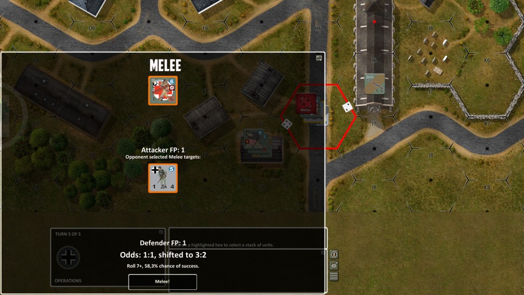 This is screen showing how the calculation for Melee fights is being done; Almost 59% of success is not a bad thing (love that app shows this!)