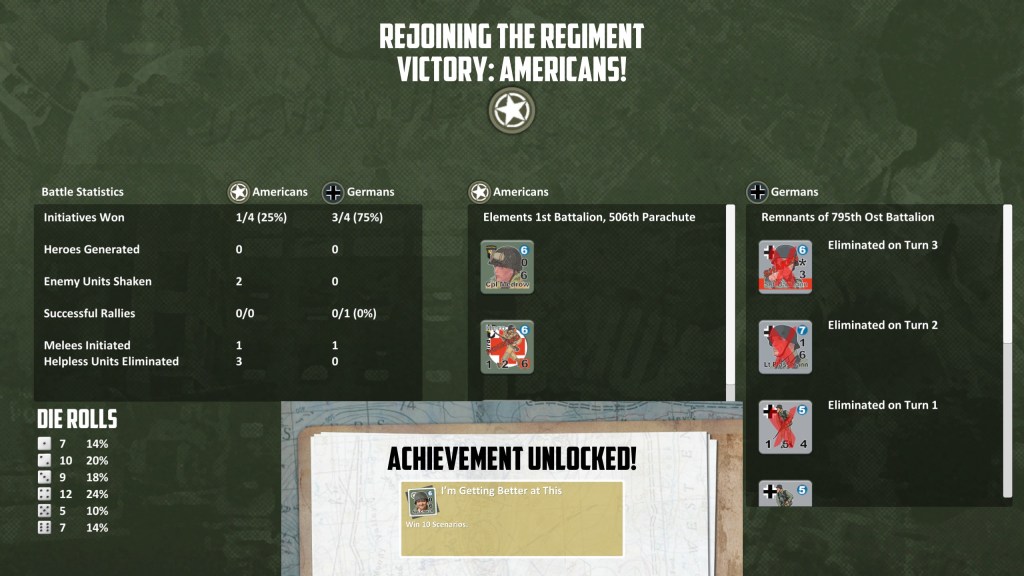 Summary screen for just won by me scenario; another achievement plus info on distribution of dice rolls; on top of it, some more stats regarding rallies, heroes, melee, etc. Cool!