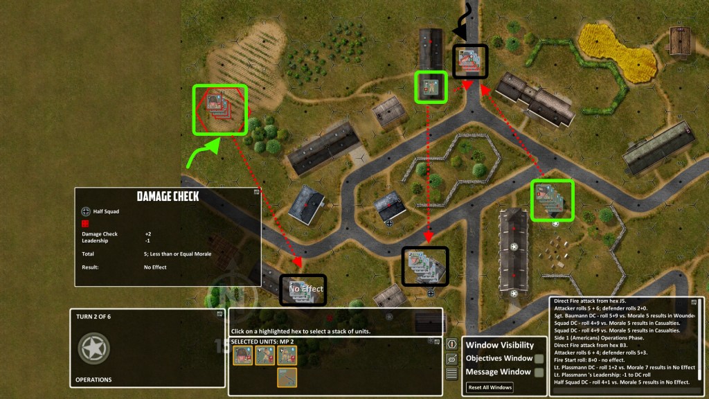 A lot of action: US Sniper just appeared and broke my reinforcements; I took two VP locations in South; US reinforcements entered from West and started to exchange fire with my troops.